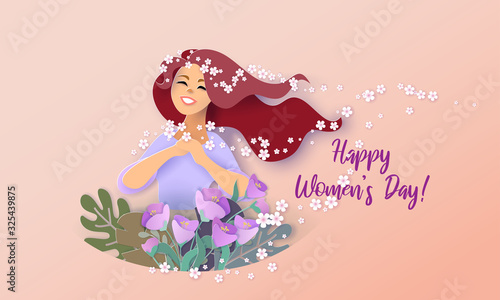 Card for 8 March Happy womens day Paper cut style