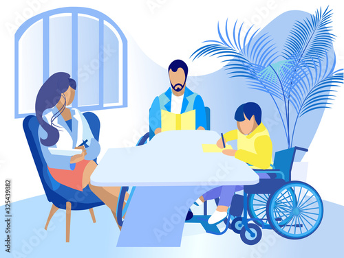 Educational Recreation for People with Disability. Man in Wheelchair Reading Book. Boy Child Writing in Worksheet. Woman Teacher, Nurse or Caregiver Sitting at Table. Vector Flat Cartoon Illustration