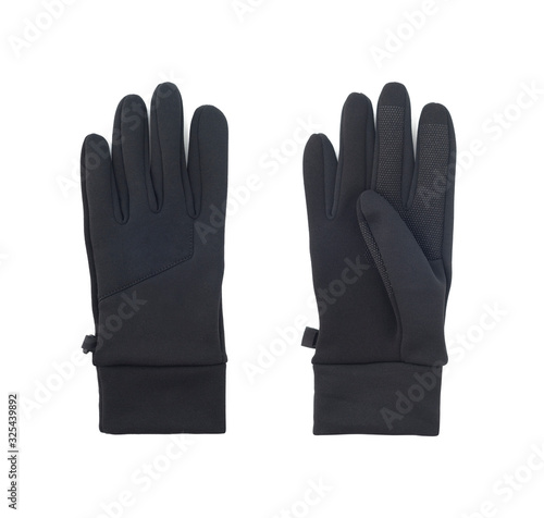 Pair of black warm touchscreen gloves isolated on white background