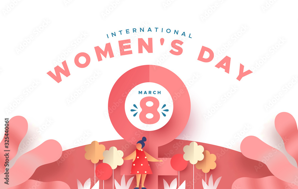 Obraz premium Women's Day 8 march paper cut flower girl card
