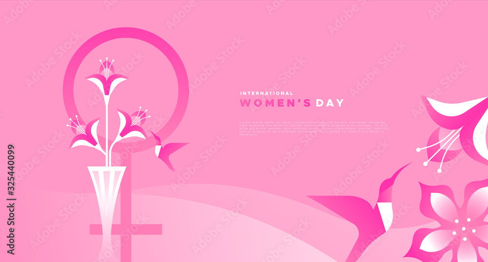 International Women's day card of pink flower bird