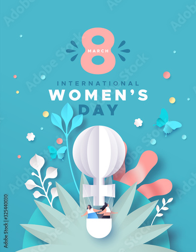 Women's Day card of papercut flower and girls