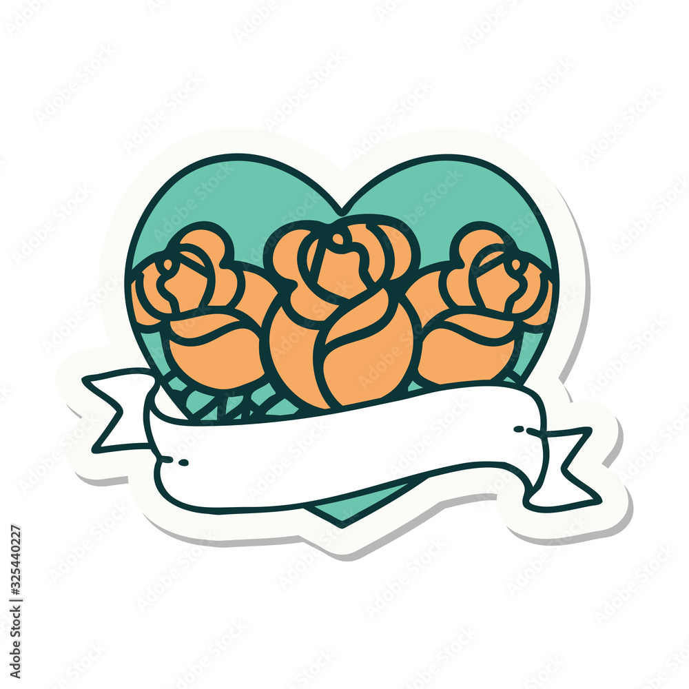 tattoo style sticker of a heart and banner with flowers tattoo style sticker of a heart and banner with flowers