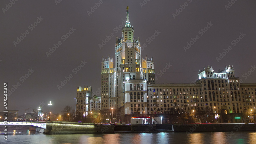 Night view of the Kotelnicheskaya Embankment Building in Moscow timelapse, Russia. Night view of the Kotelnicheskaya Embankment Building in Moscow timelapse, Russia.