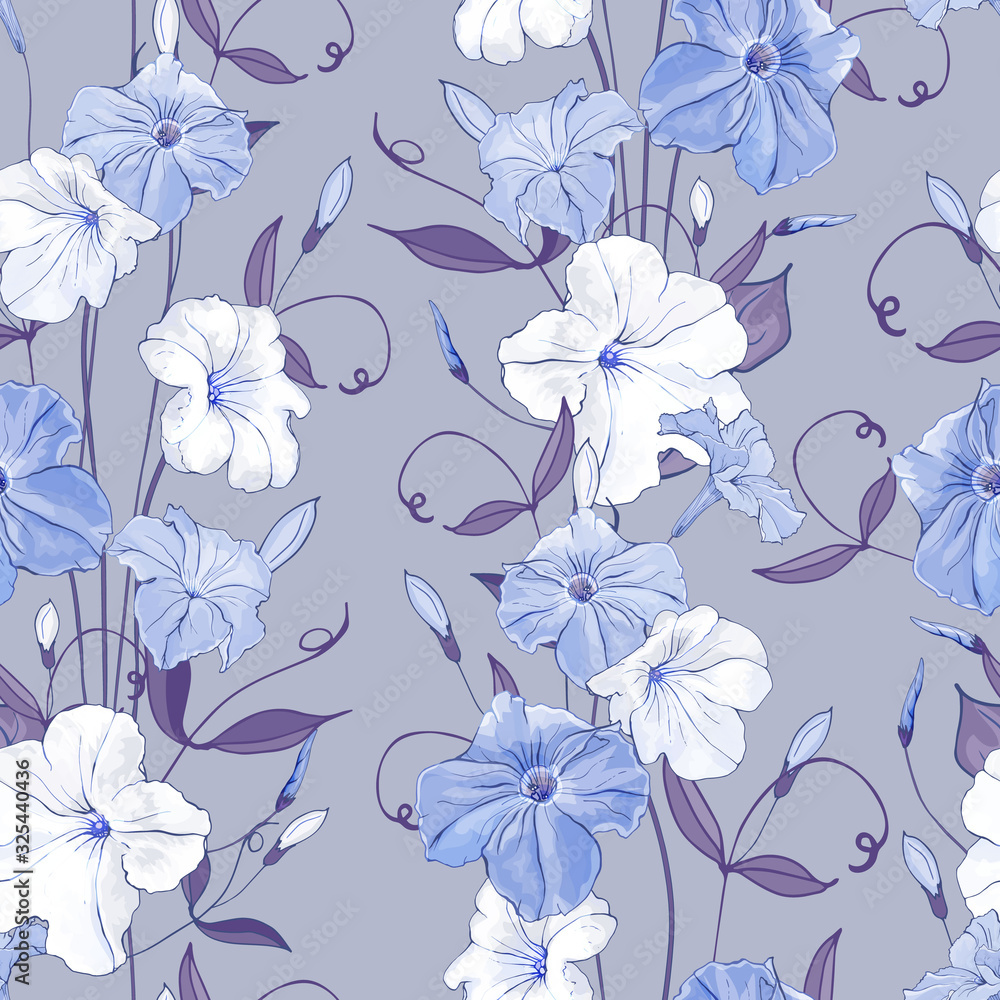 Obraz premium Seamless floral pattern with flowers white and blue petunias and leaves on gray background. Hand drawn. For design, textile, print, wallpapers, wrapping paper. Vector stock illustration.