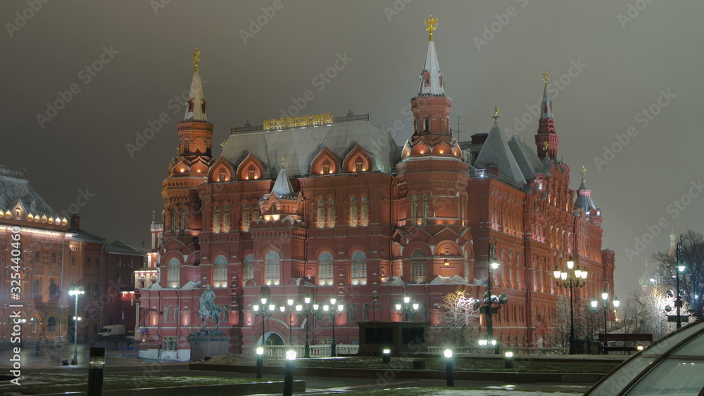 The State Historical Museum of Russia timelapse . Located between Red Square and Manege Square in Moscow The State Historical Museum of Russia timelapse . Located between Red Square and Manege Square in Moscow