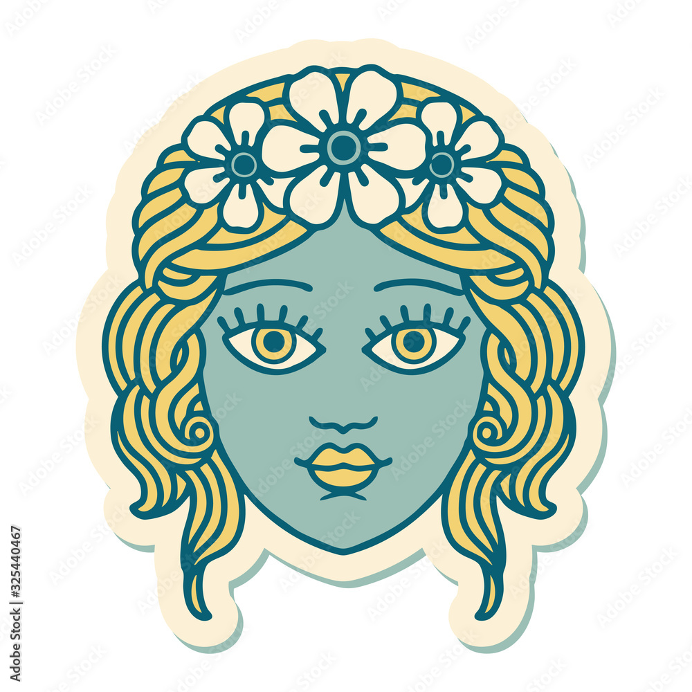 tattoo style sticker of female face with crown of flowers tattoo style sticker of female face with crown of flowers
