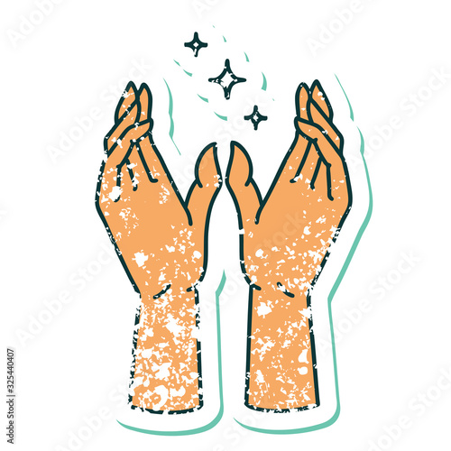 distressed sticker tattoo style icon of mystic hands