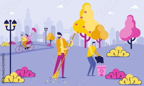 Janitor or Volunteer Sweeping and Cleaning Litter or Leaves with Broom in Hands Flat Vector Illustration. Street Cleaner Cartoon Character. Man Throwing Rubbish into Bin. Couple Riding Bike.