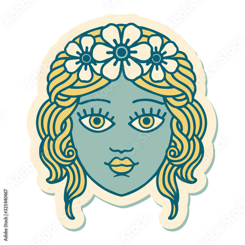 tattoo style sticker of female face with crown of flowers