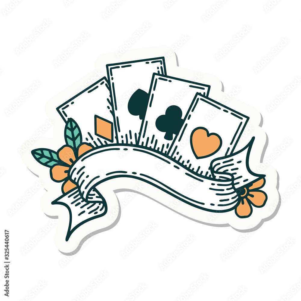 tattoo style sticker of cards and banner