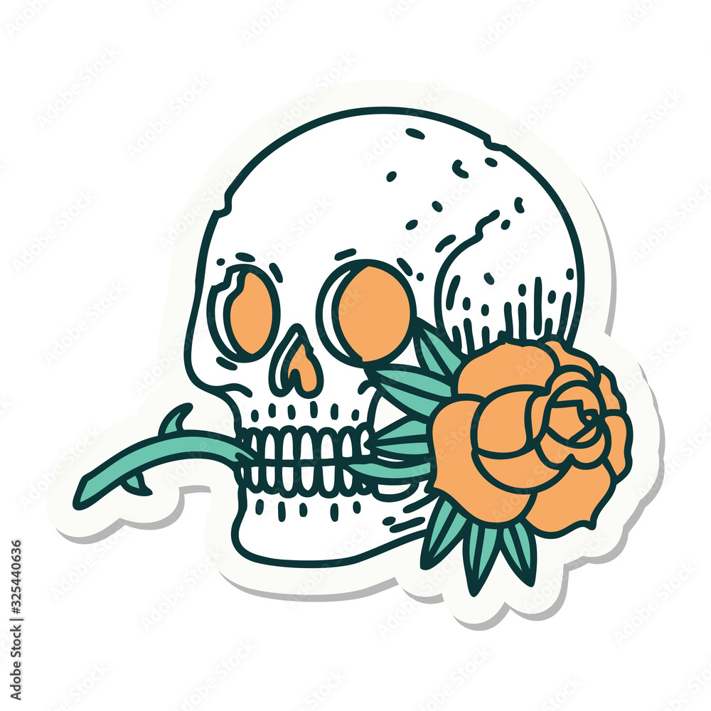tattoo style sticker of a skull and rose tattoo style sticker of a skull and rose