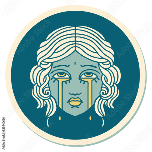 tattoo style sticker of female face crying