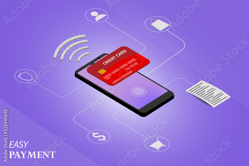 Vector illustration of smartphone with processing of mobile payments from credit card on the screen. Smartphone and payment