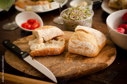 pieces of ciabatta on a wooden board