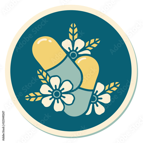 tattoo style sticker of pills and flowers