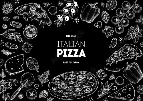 Italian pizza and ingredients. Italian food menu design template. Pizzeria menu design template. Vintage hand drawn sketch vector illustration. Engraved image.