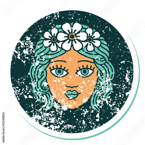 distressed sticker tattoo style icon of female face with crown of flowers