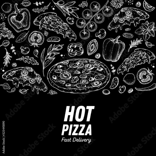 Italian pizza and ingredients. Italian food menu design template. Pizzeria menu design template. Vintage hand drawn sketch vector illustration. Engraved image.