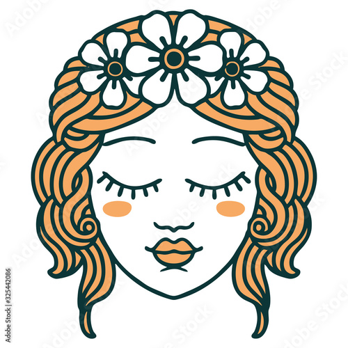 tattoo style icon of female face with eyes closed