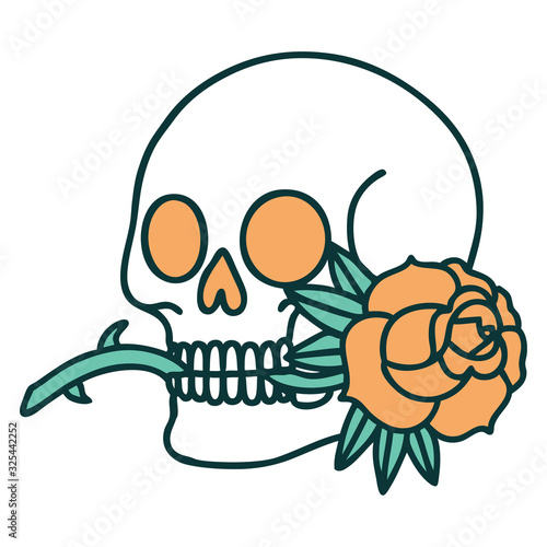 tattoo style icon of a skull and rose