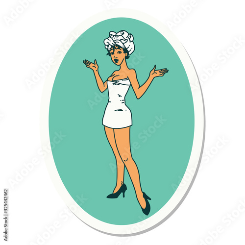 tattoo style sticker of a pinup girl in towels