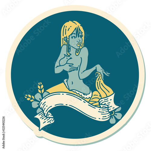 tattoo style sticker of a pinup mermaid with banner © lineartestpilot