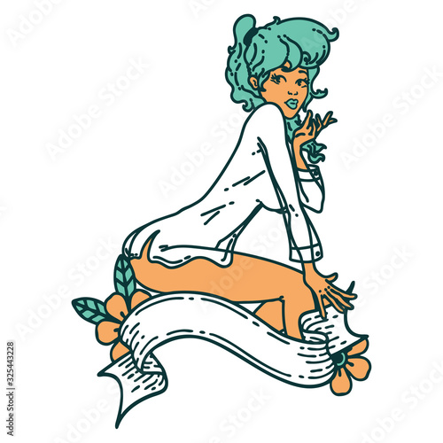 tattoo style icon  of a pinup girl wearing a shirt with banner