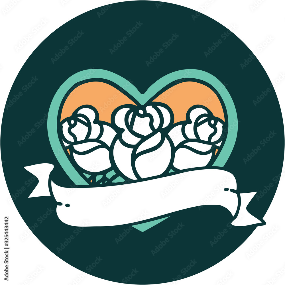tattoo style icon of a heart and banner with flowers tattoo style icon of a heart and banner with flowers