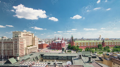 Panorama to Manezh Square, Hotel Moscow, historical Museum and Kremlin timelapse in Moscow, Russia.