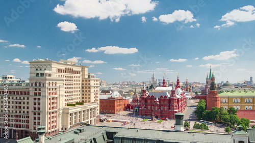 Panorama to Manezh Square, Hotel Moscow, historical Museum and Kremlin timelapse in Moscow, Russia. photo