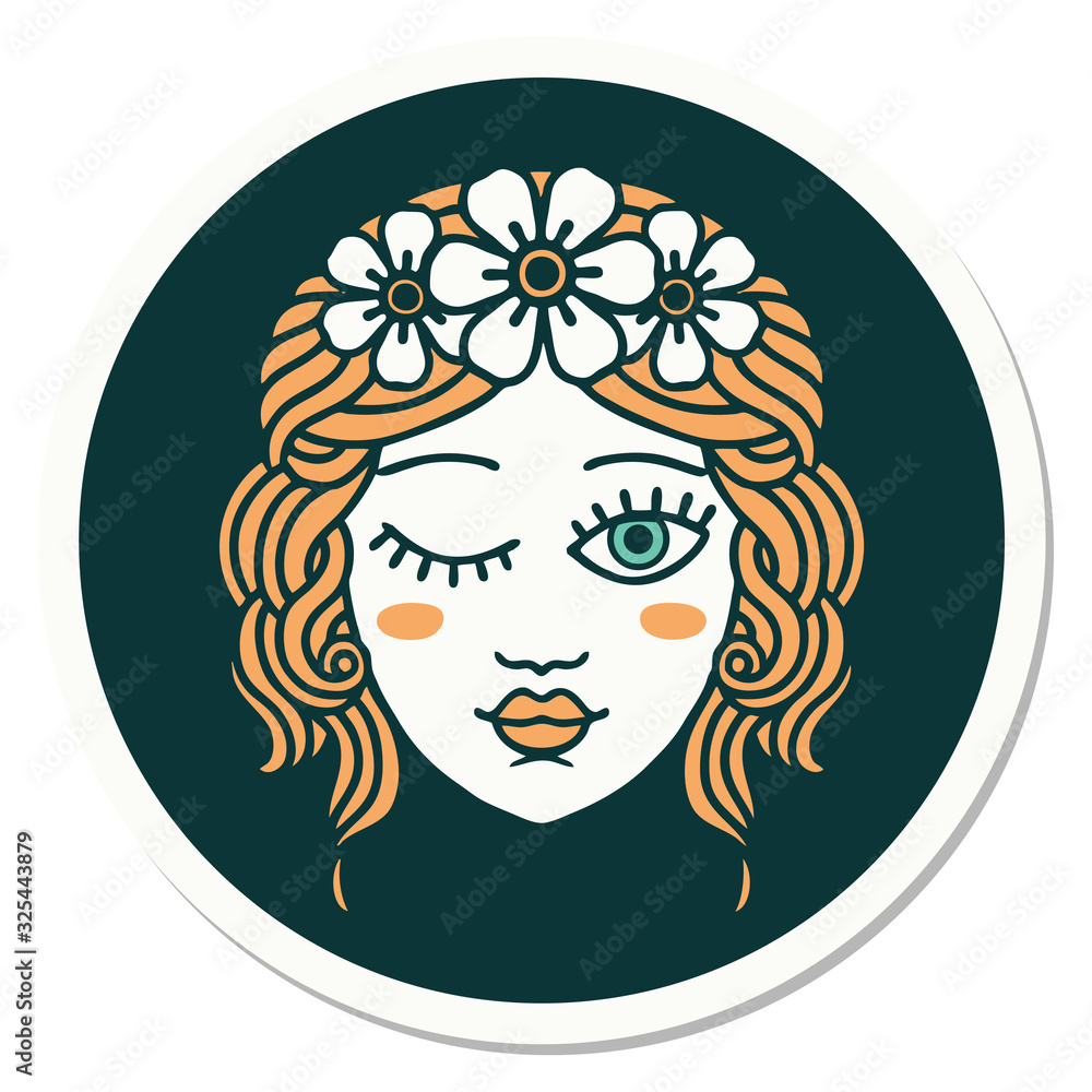 tattoo style sticker of a maidens face winking tattoo style sticker of a maidens face winking