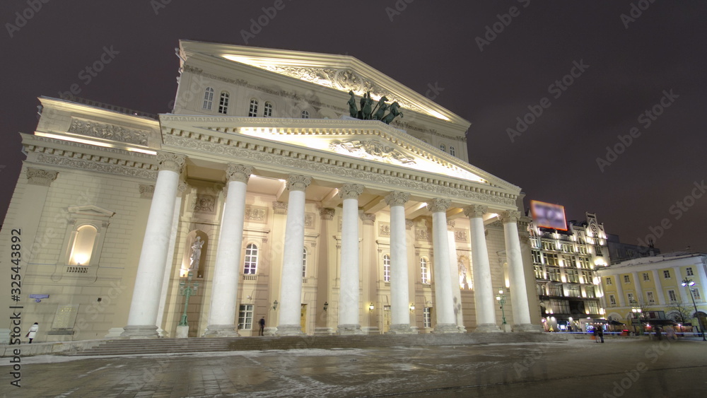 Night view of the State Academic Bolshoi Theatre Opera and Ballet timelapse , Moscow, Russia