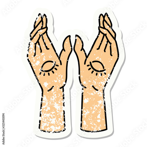 traditional distressed sticker tattoo of mystic hands