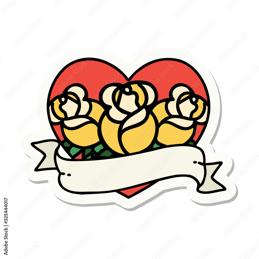 Obraz premium tattoo style sticker of a heart and banner with flowers