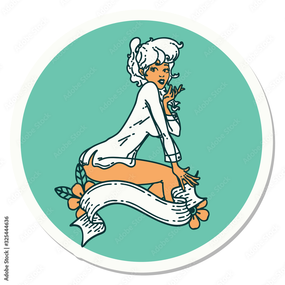 tattoo style sticker of a pinup girl wearing a shirt with banner tattoo style sticker of a pinup girl wearing a shirt with banner