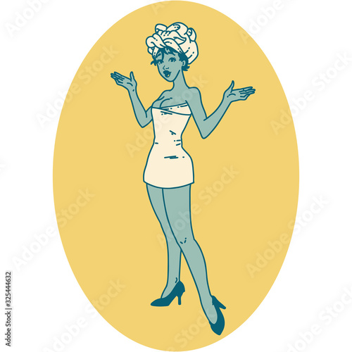 tattoo style icon of a pinup girl in towels