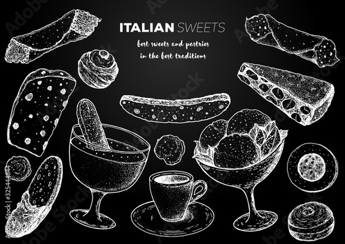 Italian dessert vector illustration. Italian food hand drawn sketch. Baking collection. Vintage design template. Cannoli, zabaglione, biscotti, gelato, panforte, bombolone, zeppole, panettone sketch.