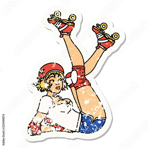 Fotografia distressed sticker tattoo of a pinup roller derby girl