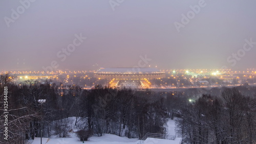 Panoramic view of Moscow City, Russia, from Sparrow Hills day to night winter timelapse