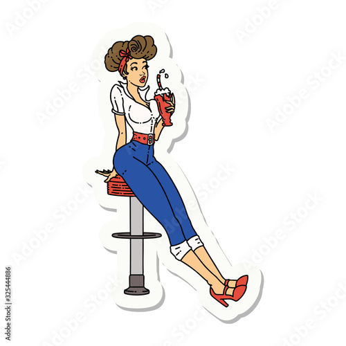 tattoo style sticker of a pinup girl drinking a milkshake
