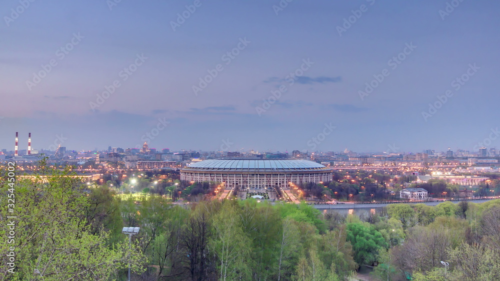 Panoramic view of Moscow City, Russia, from Sparrow Hills day to night timelapse