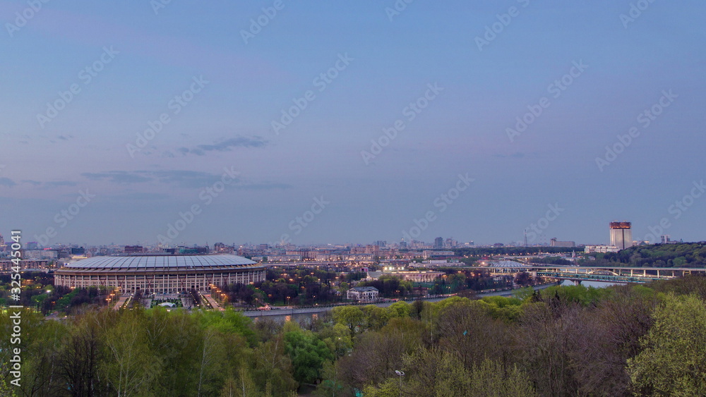 Panoramic view of Moscow City, Russia, from Sparrow Hills day to night timelapse