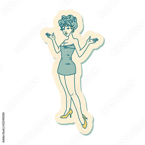 tattoo style sticker of a pinup girl in towels