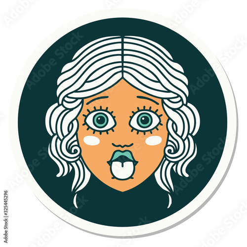 tattoo style sticker of female face sticking out tongue
