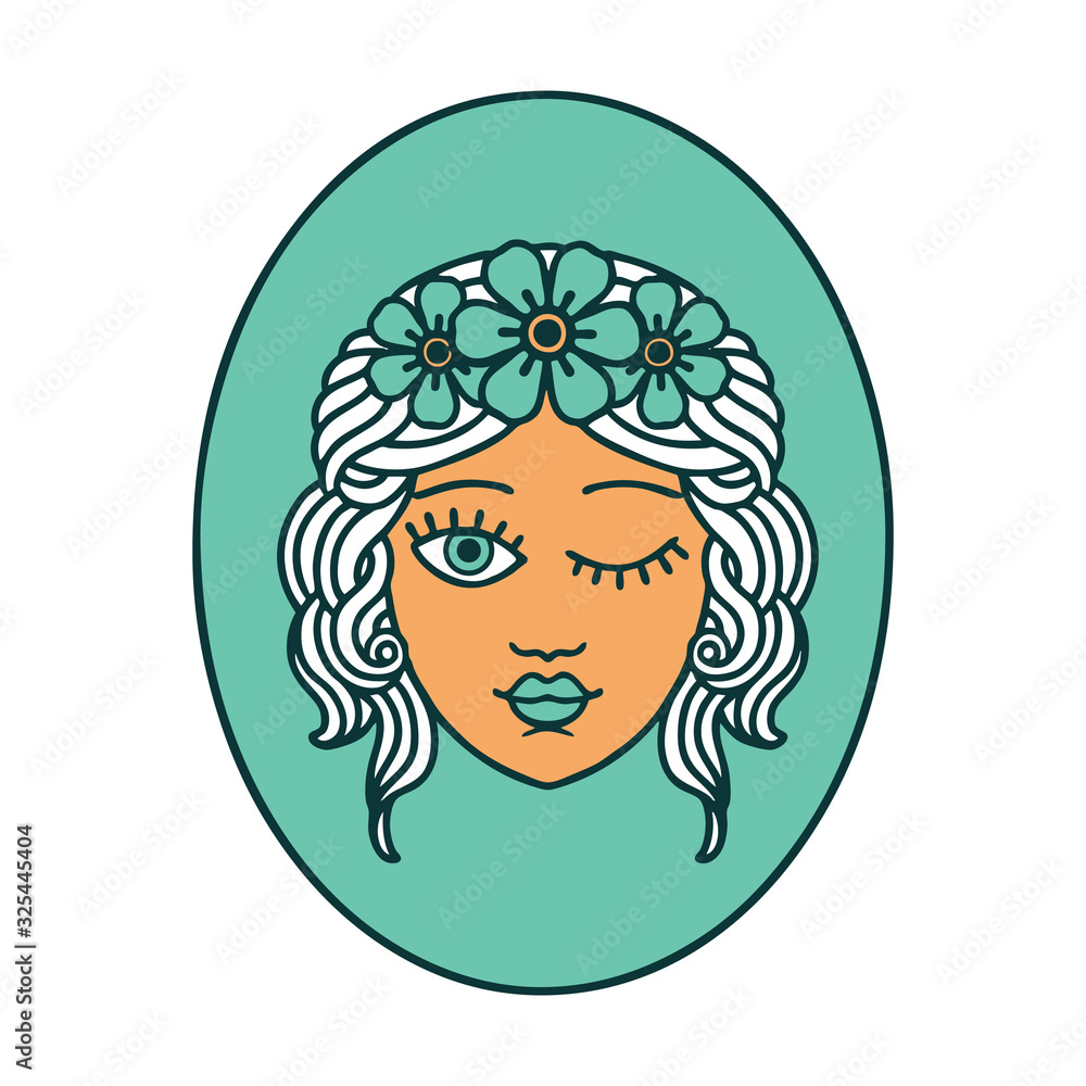 tattoo style icon of a maiden with crown of flowers winking tattoo style icon of a maiden with crown of flowers winking