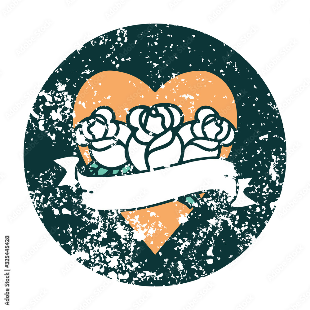 distressed sticker tattoo style icon of a heart and banner with flowers distressed sticker tattoo style icon of a heart and banner with flowers