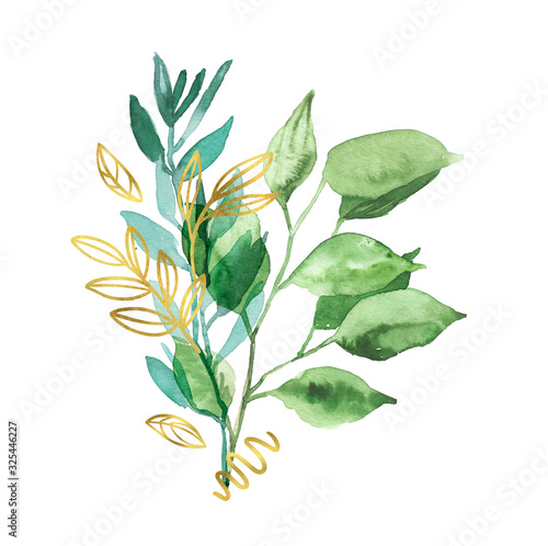 Watercolor hand painted botanical spring leaves and branches illustration arrangement isolated on white background