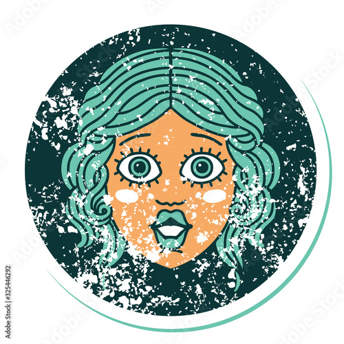distressed sticker tattoo style icon of female face