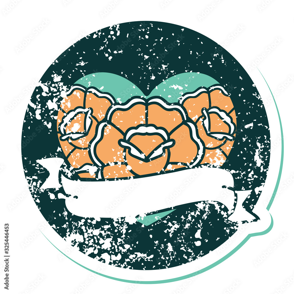 distressed sticker tattoo style icon of a heart and banner with flowers distressed sticker tattoo style icon of a heart and banner with flowers